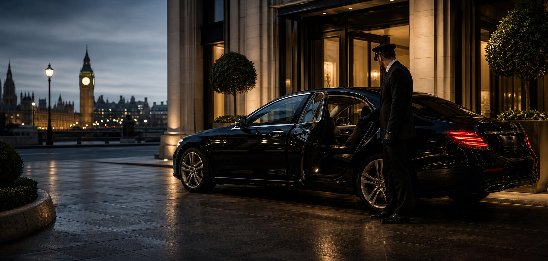A black chauffeur car outside a luxury London hotel at dusk