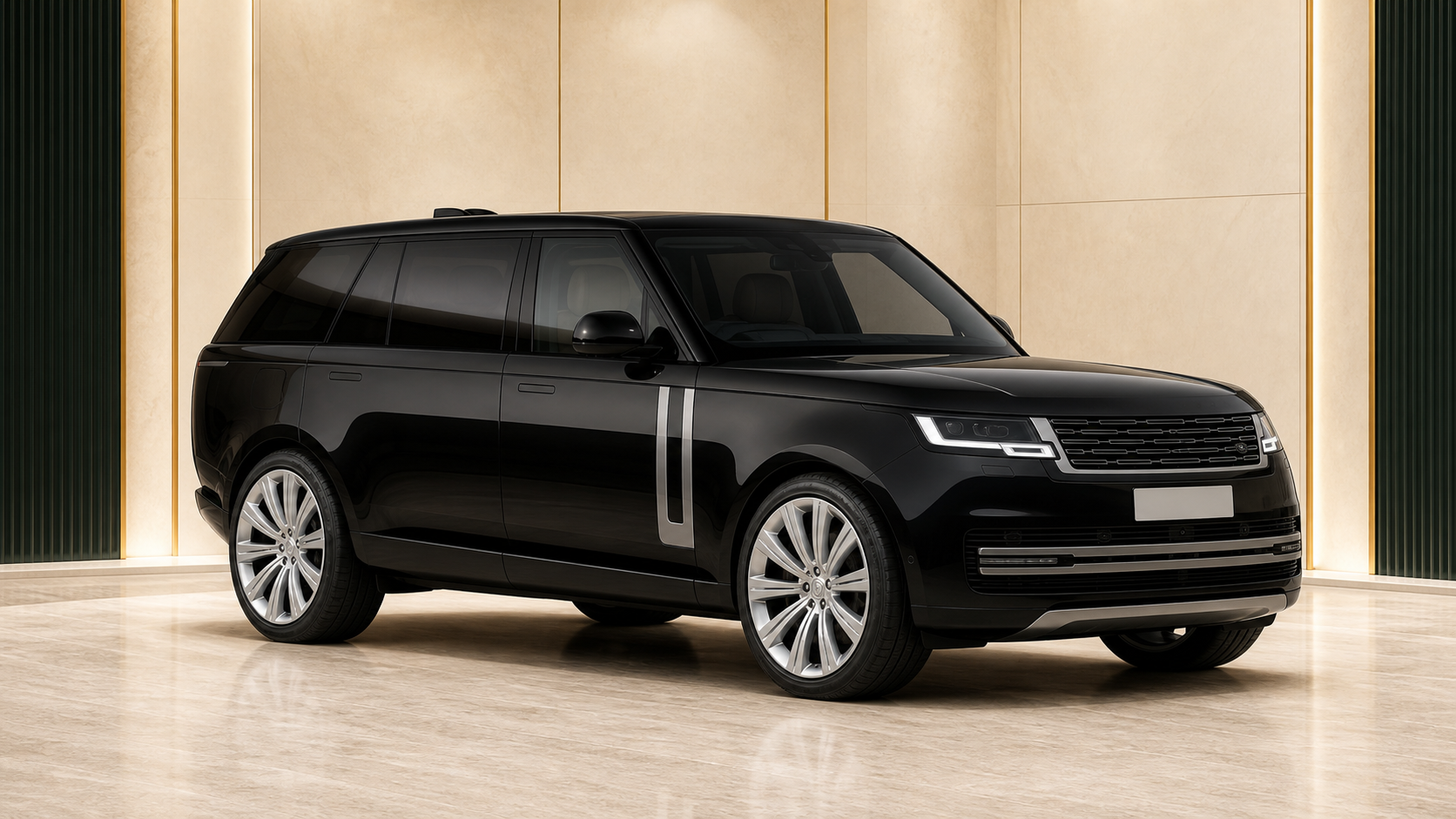 Stylised black Range Rover LWB chauffeur SUV with silver wheels
